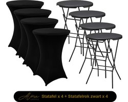 4x Zwarte Statafel + Zwarte Statafelrok x 4 – ø80 cm x 110 cm hoog - Cocktailtafel - Hoge staan tafel - Breed Blad - Inclusief zwarte Statafelhoes - Staantafelrok Stretch - Bartafel rond - Sta tafel Horeca