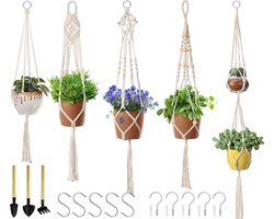 5-Delig Luxe Macramé Plantenhangers Set - Boho Handgeweven Katoen Hangpot voor Binnen/Buiten - Hangende Bloempot met Kralen - Plant Houder - Bohemian Wandhanger Decoratie - Tuin Hanger Bloempothouder Planthanger