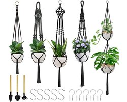 5-Delig Luxe Macramé Plantenhangers Set - Boho Handgeweven Katoen Hangpot voor Binnen/Buiten - Hangende Bloempot met Kralen - Plant Houder - Bohemian Wandhanger Decoratie - Tuin Hanger Bloempothouder Planthanger