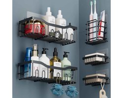 5-delig Zelfklevend Douche Opbergrek - Roestvrij RVS Badkamer Organizer, Grote Opbergcapaciteit zonder Boren voor Douche/Keuken (Zwart)