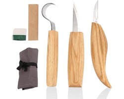 5-delige 6-in-1 Houten Snijmessen Set van Mangaanstaal voor Beginners en Professionals, Inclusief Steen Slijpen en Gereedschap