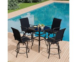 5-Delige Barset voor Buiten - 4 Draaibare Barkrukken en 1 Luxe Bartafel met Glazen Blad - Weersbestendig Textilene - 360° Roterend