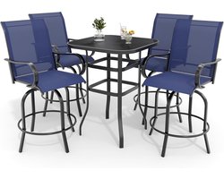 5-Delige Barset voor Buiten - 4 Draaibare Barkrukken en 1 Luxe Bartafel met Glazen Blad - Weersbestendig Textilene - 360° Roterend