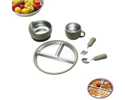 5-delige bestekset - Roestvrijstalen bestek - Antislip - Inclusief bord, kom, vork, lepel en bestek - Groen - Geschikt voor kinderen