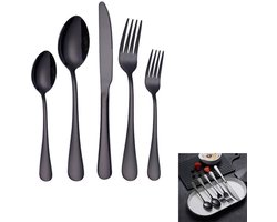 5 Delige Bestekset -Tafelbestek -Lepels, Messen, Vorken, Steakmessen & Gebaksvorkjes -Geschikt voor thuis- en restaurantgebruik - keukenservies - vaatwasmachinebestendig - Gepolijst serviesgoed -Geschikt voor gezinnen, restaurants en kamperen -zwart