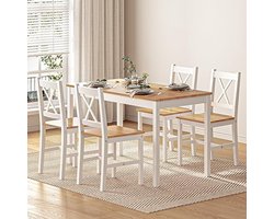 5-delige Eetgroep met Rechthoekige Eettafel en 4 Stoelen - Wit en Teak