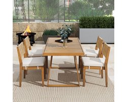 5-delige eethoek voor 4 personen - PE rotan rugleuning - acaciahouten tafelblad en stoelen - witte kussens