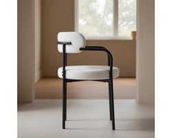 5-Delige Eetkamerstoel – 100 cm Ronde Eettafel + 4 Gestoffeerde Stoelen – Donkere Houtkleur & Wit – Teddy Bouclé – Voor Keuken & Woonkamer – Ganeey