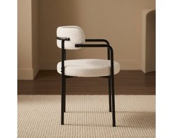 5-Delige Eetkamerstoel – 100 cm Ronde Eettafel + 4 Teddy Bouclé Stoelen – Donkere Houtkleur & Wit – Modern & Comfortabel – Ganeey