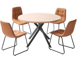5-Delige Eetset met Ronde Tafel en 4 Oranje Gestoffeerde Stoelen, Pu-Leren Kussens, Modern Houtkleurig Ontwerp, Verstelbare Voetsteunen voor Compacte Eetruimtes.