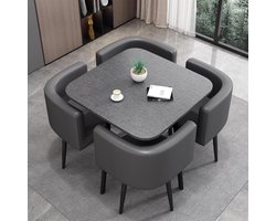 5-delige eettafelset, 35,4" faux marmeren blad met 4 PU-lederen stoelen, ruimtebesparende keuken- en eetkamermeubels, stijlvol grijs ontwerp voor eetkamer en vergaderingen