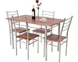 5-delige eettafelset, keukentafel met 4 stoelen, eetgroep met hoge rugleuning, zitgroep voor eetkamer, keuken, ruimtebesparend, zilver + walnoot