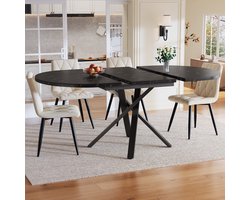 5-delige Eettafelset met Ronde Uitschuifbare Tafel (100-140 cm) en 4 Beige Velours Stoelen - Eetkamer Set - Moderne Eettafel voor 4-6 Personen met Praktische Uitschuiffunctie