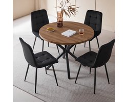 5-Delige Eettafelset – Ronde Eettafel 100 cm met 4 Fluwelen Eetkamerstoelen – Gestoffeerde Stoelen – Moderne Eetkamerset voor Eetkamer & Woonkamer