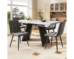 5-delige Eettafelset – Uitschuifbare Eettafel – Eetkamerset voor 4 Personen – Witte Tafel met Platte Poten – Grijze Velvet Stoelen – Ruimtebesparend – Comfortabel Ergonomisch Design