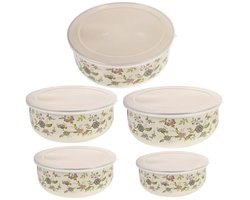 5-delige emaille kommenset met deksel, geëmailleerde metalen mengkommen voor het serveren van muesli, ijs, salades, voorbereide kom voor snoep