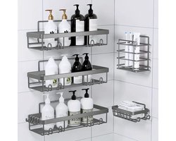 5-delige Grijze Doucherek-Set – RVS Badkamer Organizer Zonder Boren – Wandrek Met Zeepbakje en Tandenborstelhouder