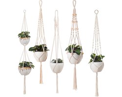 5-delige handgeweven hangende plantenmandenset, met een plantenstandaard van katoenen touw in bohemian stijl, geschikt voor binnen- en buitendecoratie zoals plafond, balkon en muur.