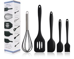 5-delige keukengereedschapset - Bakschraperset - Anti-aanbak siliconen schraper - Set bakkwasten en garde - Hittebestendige keukenbenodigdheden - Schraperset - Siliconen - Zwart