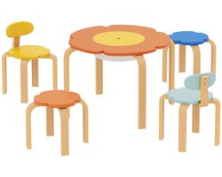 5-delige Kinder Tafelstoel Set, Inclusief 1 Tafel van 69x69x45cm met Opbergruimte en 4 Stoelen van 34x34x44cm, Kleurrijk Bloemenontwerp, Lichtgewicht, Snelle Montage, Geschikt voor Speelkamer of Kinderkamer