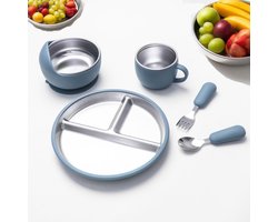 5 Delige - Kinderbord - Babyvoedingsset - Kinderservie - Baby kommetje - Roestvrijstalen bord en kom met zuignap - Inclusief siliconen vork en lepel -Kinderservies & Drinkbekers - Zelfstandig eetservies geschikt voor peuters en kinderen - Blauw