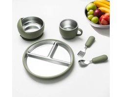 5 Delige - Kinderbord - Babyvoedingsset - Kinderservie - Baby kommetje - Roestvrijstalen bord en kom met zuignap - Inclusief siliconen vork en lepel -Kinderservies & Drinkbekers - Zelfstandig eetservies geschikt voor peuters en kinderen - Groen