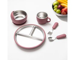 5 Delige - Kinderbord - Babyvoedingsset - Kinderservie - Baby kommetje - Roestvrijstalen bord en kom met zuignap - Inclusief siliconen vork en lepel -Kinderservies & Drinkbekers - Zelfstandig eetservies geschikt voor peuters en kinderen - Rood