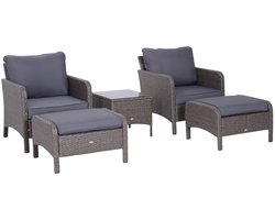 5-delige Loungeset - 2-Persoons Meubelen Set - Tuinset - Tuinmeubelset - Zitset met Kussens - met 2 Fauteuils & 2 Voetenbank & 1 Salontafel - Weerbestendig - Balkon & Terras - Polyrattan - Donkergrijs