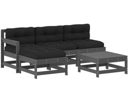 5-delige Loungeset | Tuinset | Tuinmeubelset | Zitset met kussens massief hout grijs