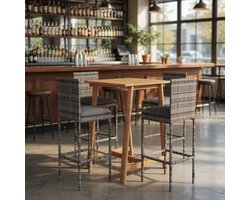 5-Delige Luxe Tuinbarset Grijs met Kussens - Bartafel Massief Acaciahout + 4 Barkrukken PE-Rotan - Weerbestendig - Afneembare Kussenhoezen - Ganeey
