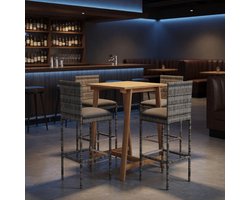 5-Delige Luxe Tuinbarset Grijs met Kussens - Bartafel Massief Acaciahout + 4 Barkrukken PE-Rotan - Weerbestendig - Afneembare Kussenhoezen - Ganeey