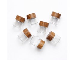 5-delige Mini Glazen Potjes 10ml met Houten Deksel – Luchtdichte Opbergpotjes voor Kruiden, Cosmetica, Reizen & Keuken – Compacte Glazen Containers Set