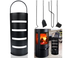 5-delige moderne roestvrijstalen haardgereedschapset, haardaccessoires, haardreinigingsset met standaard, asschep, borstel, pook en tang (zwart) NAIZY