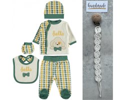 5-delige newborn kleding set met handgemaakte speenkoord - Jongens - Baby - Newborn set - Hello Babykleding - Babyshower cadeau - Kraamcadeau