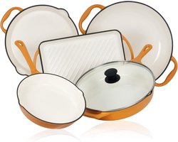 5-delige pannenset - Geëmailleerde gietijzeren grill- en paellapan met universele pan en braadpan