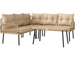 5-Delige Polyrotan Loungeset met Hoekbank en Glazen Tafel - Tuin- en Terrasmeubelen