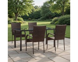 5-Delige Polyrotan Tuinset met Eettafel & 4 Stapelbare Stoelen - Tuinmeubelset met Glazen Tafelblad - Weerbestendige Zitgroep voor Tuin Terras Balkon - Bruin Wicker - Industrohome