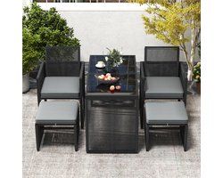 5-Delige Rattan Tuinset – Balkon Meubels – Buitenmeubilair – Tuinmeubelen – Patio Set – Inklapbare Rugleuning – Inclusief Zachte Kussens