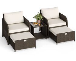 5-Delige Rotan Loungeset – 2 Stoelen met Uitschuifbare Voetenbanken & Bijzettafel met Glazen Blad – Luxe Tuinmeubelen - Compacte Tuinset voor Balkon, Terras & Tuin