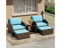5-Delige Rotan Loungeset – 2 Stoelen met Uitschuifbare Voetenbanken & Bijzettafel met Glazen Blad – Luxe Tuinmeubelen - Compacte Tuinset voor Balkon, Terras & Tuin