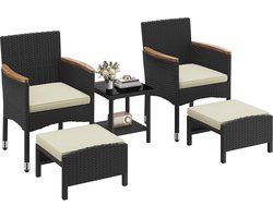 5-delige rotan tuinmeubelen set voor klein balkon met banken, voetenbanken en koffietafel - zwart en beige