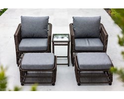 5-delige Rotan Tuinmeubelset met Kussens – Weerbestendige Balkon- en Terrasset met 2 Stoelen, 2 Krukken en 2-laags Glazen Koffietafel – Compacte Loungeset voor Klein Balkon en Tuin – Furnitureland