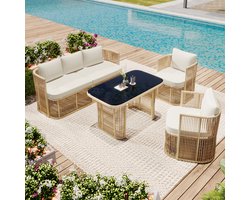 5-delige set - rieten tuinmeubelset - inclusief 3-zitsbank - 2 fauteuils en glazen tafel - met kussens en gehard glazen tafelblad