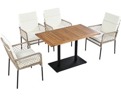 5-delige set voor buitentafel en stoelen voor 4 personen, tafelblad van massief acaciahout, stoelen bekleed met PE-rotan, geschikt voor dineren in de achtertuin en op het terras.