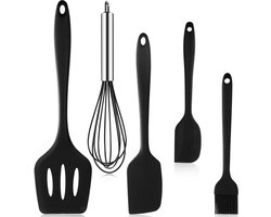5-delige siliconen keukengerei set - keukengereedschap set - antiaanbak hittebestendige siliconen - garde lepel spatel olie kwast keukengerei - kookgerei met roestvrijstalen handgrepen - zwart