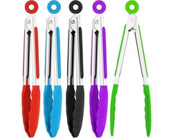 5-delige siliconen tangenset, met siliconen voedseltang en roestvrijstalen kooktang, geschikt voor salades en barbecues.