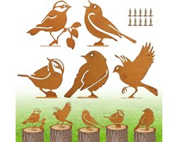 5-delige Tuindecoratie met Roestige Vogels voor Buiten, Weerbestendig en Ideaal voor Bomen, Metalen Vogels voor Tuin en Planten