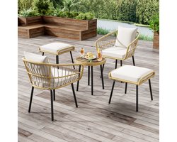 5-delige tuinloungeset, bestaande uit 1 eettafel, 2 stoelen, 2 poefen, meubelen, rotan, natuurlijke kleur
