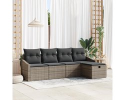 5-delige tuinmeubelset met kussens, grijs, polyrotan, modulaire outdoor sectionele bank met opbergruimte, uv-bestendige terrasmeubilair voor balkon en tuin