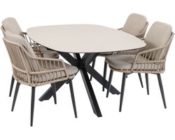 5-delige tuinset | 4 Isabel tuinstoelen (Sand) | Tuintafel Malaga 180x115cm (Black)